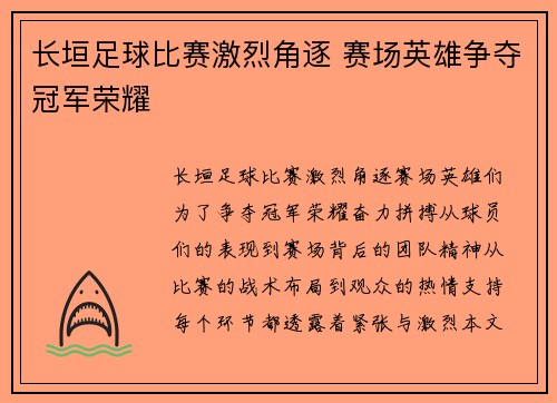 长垣足球比赛激烈角逐 赛场英雄争夺冠军荣耀